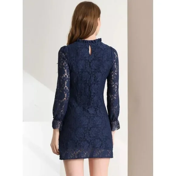 Allegra K Elegant Ruffle Trim Blue Floral Lace Mini Formal Dress -- Size Medium - Picture 3 of 7